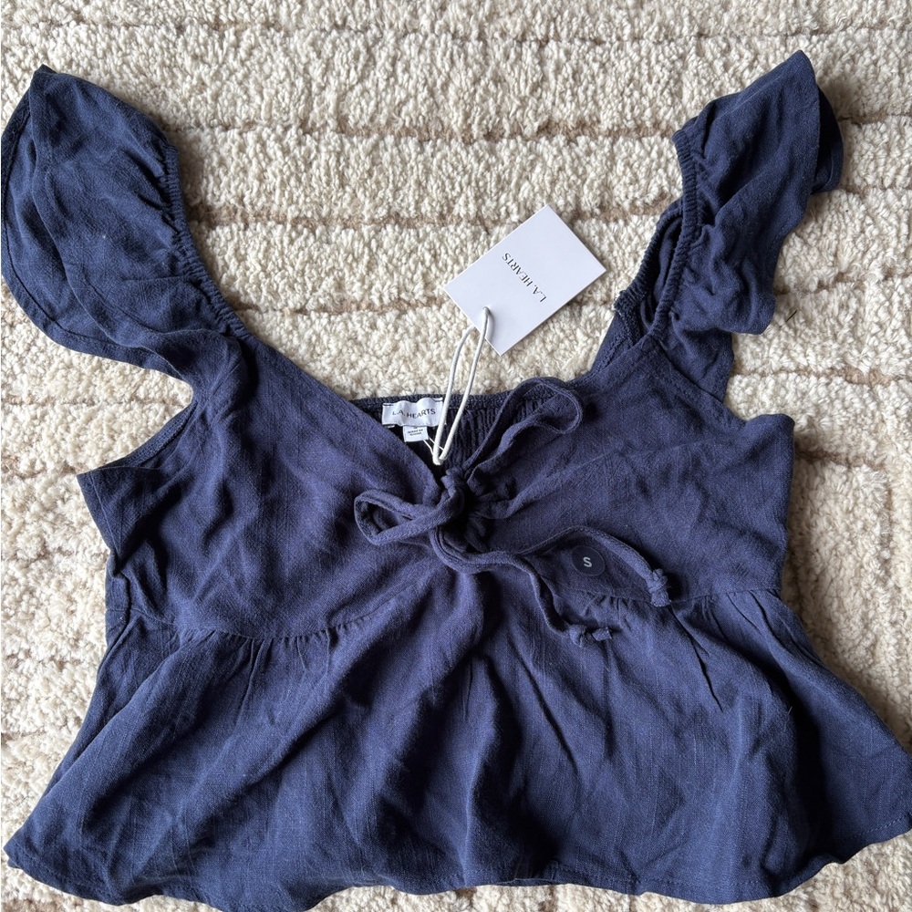 La Hearts Blue Flutter Sleeve Crop Blouse with Tie Front